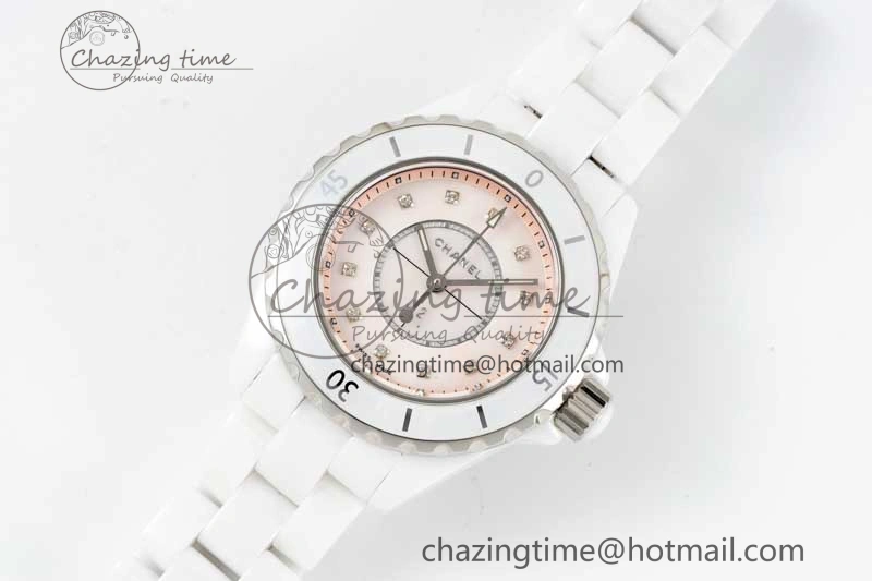 J13 33mm White Ceramic HTF 1:1 Best Edition Pink MOP Dial Diamonds Markers on Bracelet Swiss Quartz