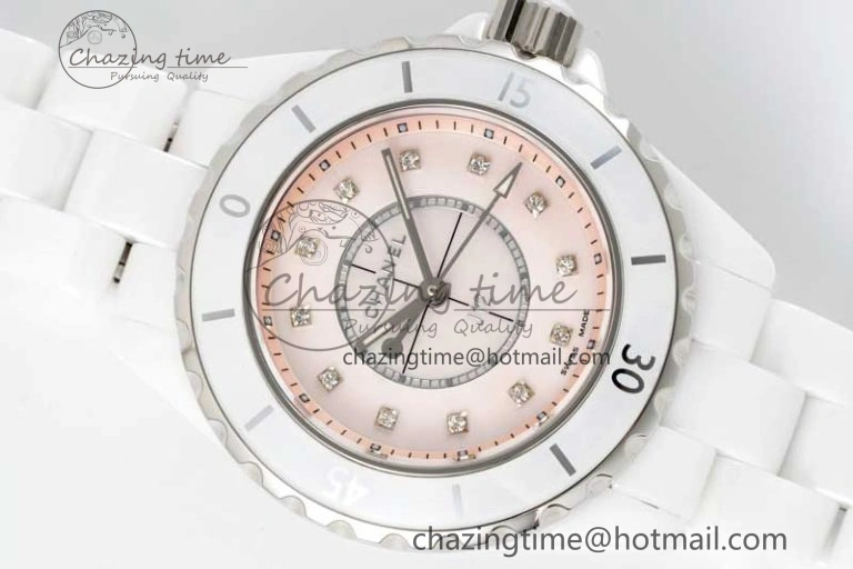 J13 33mm White Ceramic HTF 1:1 Best Edition Pink MOP Dial Diamonds Markers on Bracelet Swiss Quartz