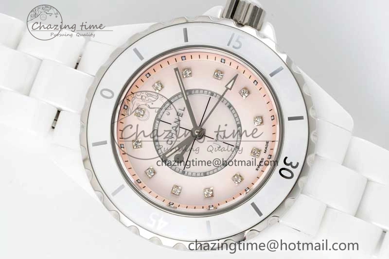 J13 33mm White Ceramic HTF 1:1 Best Edition Pink MOP Dial Diamonds Markers on Bracelet Swiss Quartz
