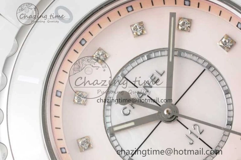J13 33mm White Ceramic HTF 1:1 Best Edition Pink MOP Dial Diamonds Markers on Bracelet Swiss Quartz