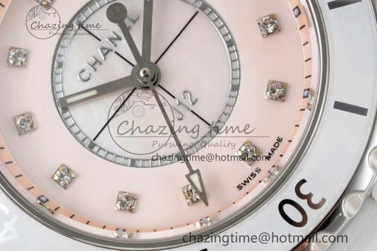 J13 33mm White Ceramic HTF 1:1 Best Edition Pink MOP Dial Diamonds Markers on Bracelet Swiss Quartz