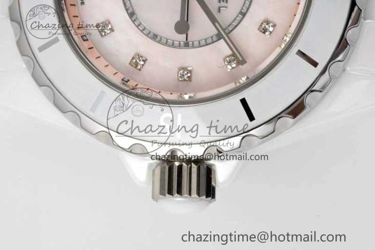 J13 33mm White Ceramic HTF 1:1 Best Edition Pink MOP Dial Diamonds Markers on Bracelet Swiss Quartz