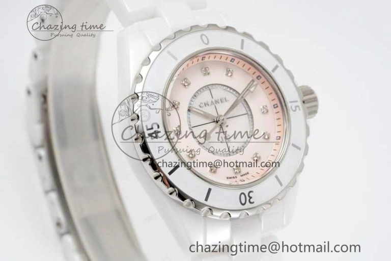 J13 33mm White Ceramic HTF 1:1 Best Edition Pink MOP Dial Diamonds Markers on Bracelet Swiss Quartz