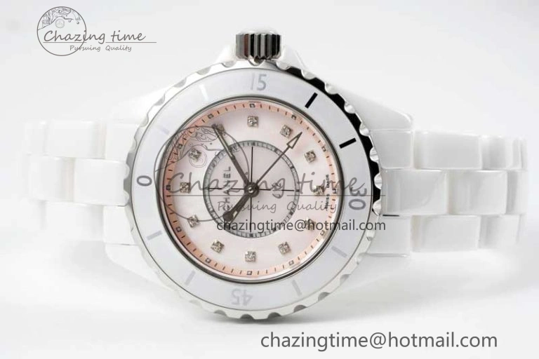 J13 33mm White Ceramic HTF 1:1 Best Edition Pink MOP Dial Diamonds Markers on Bracelet Swiss Quartz