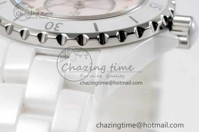 J13 33mm White Ceramic HTF 1:1 Best Edition Pink MOP Dial Diamonds Markers on Bracelet Swiss Quartz