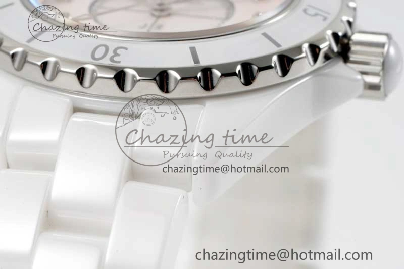 J13 33mm White Ceramic HTF 1:1 Best Edition Pink MOP Dial Diamonds Markers on Bracelet Swiss Quartz