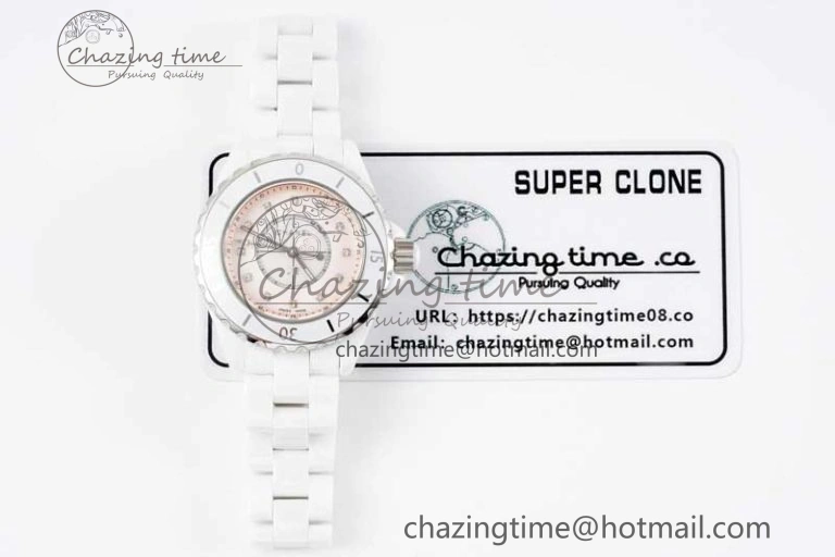 J13 33mm White Ceramic HTF 1:1 Best Edition Pink MOP Dial Diamonds Markers on Bracelet Swiss Quartz