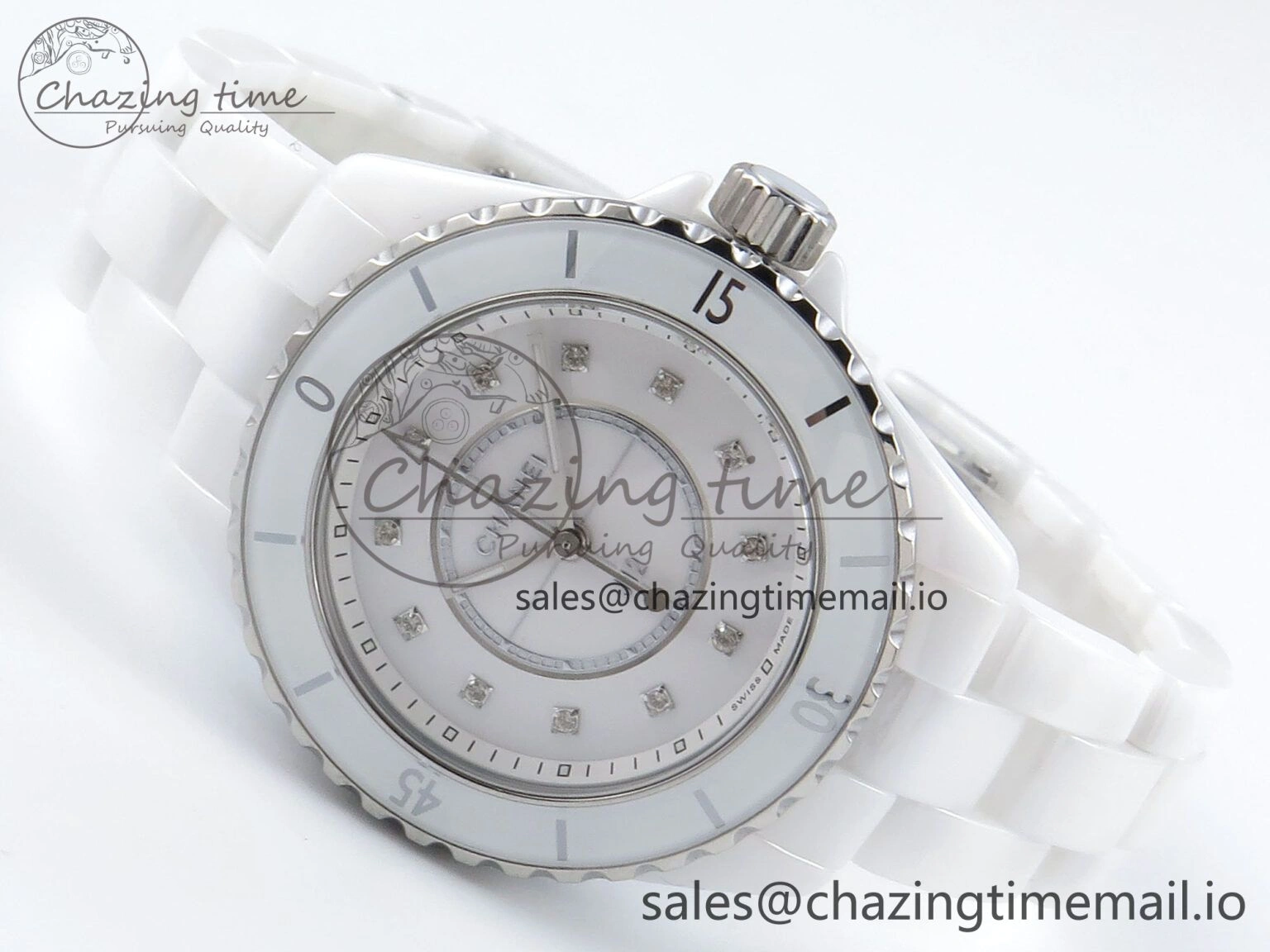 J13 33mm White Ceramic HTF 1:1 Best Edition White Diamonds Dial on Bracelet Swiss Quartz