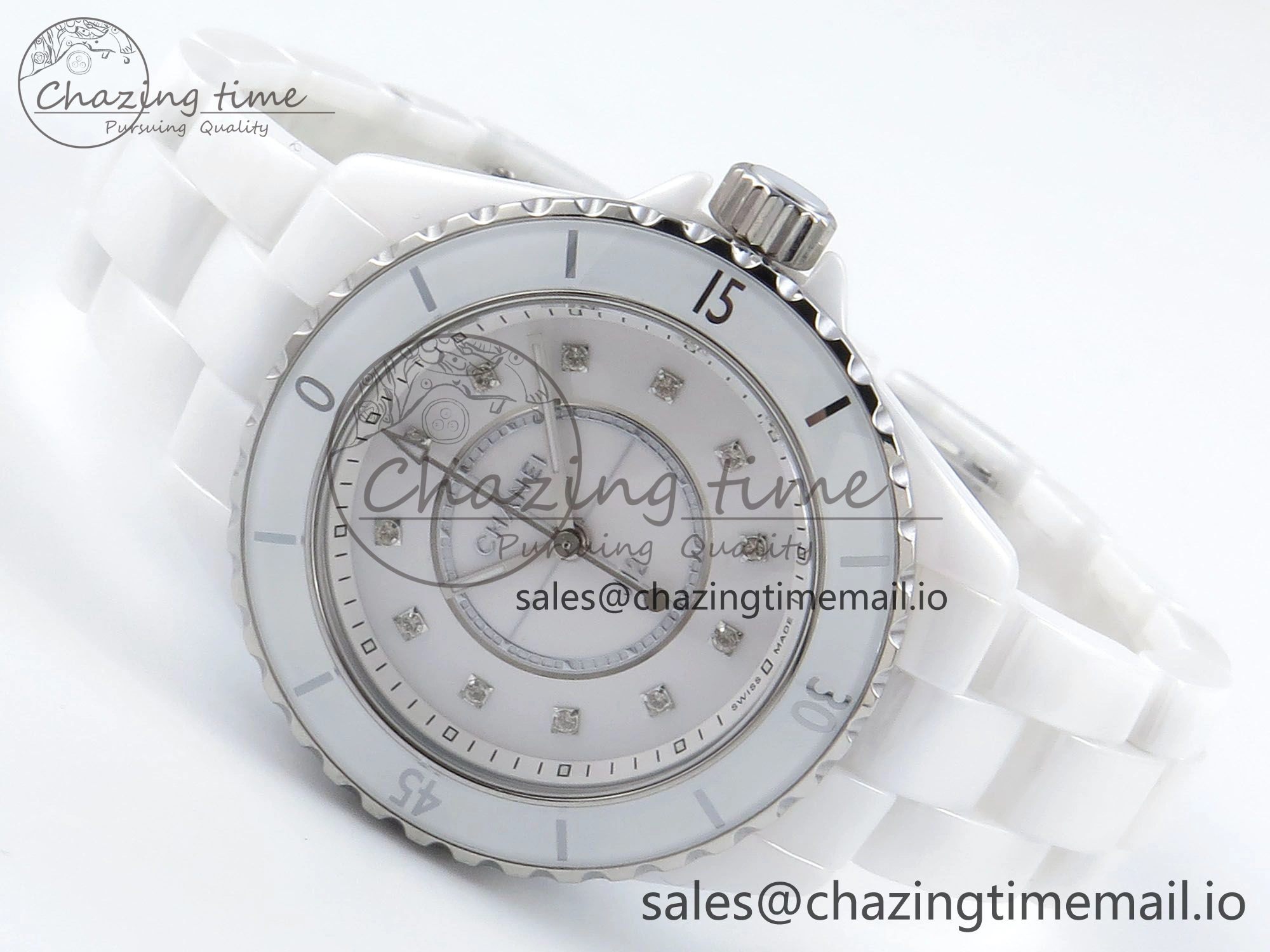 J13 33mm White Ceramic HTF 1:1 Best Edition White Diamonds Dial on Bracelet Swiss Quartz