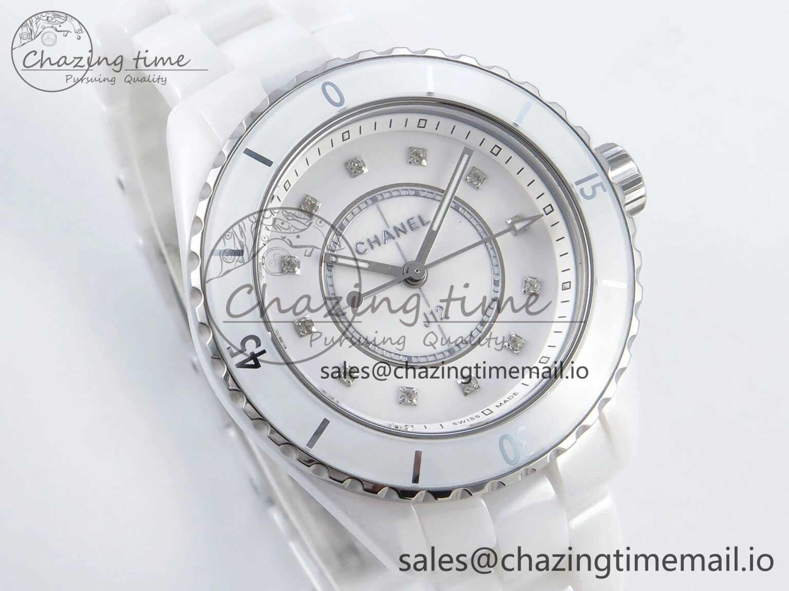 J13 33mm White Ceramic HTF 1:1 Best Edition White Diamonds Dial on Bracelet Swiss Quartz