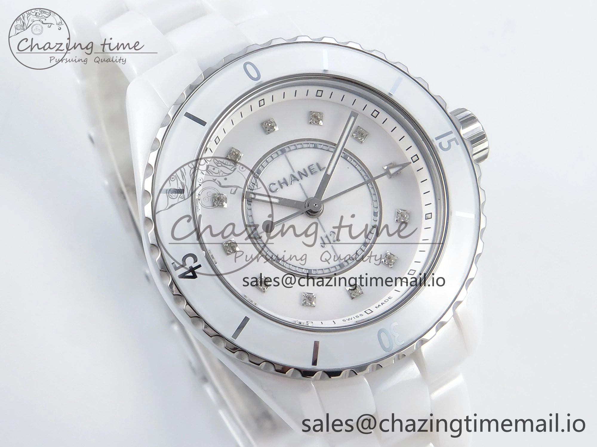 J13 33mm White Ceramic HTF 1:1 Best Edition White Diamonds Dial on Bracelet Swiss Quartz