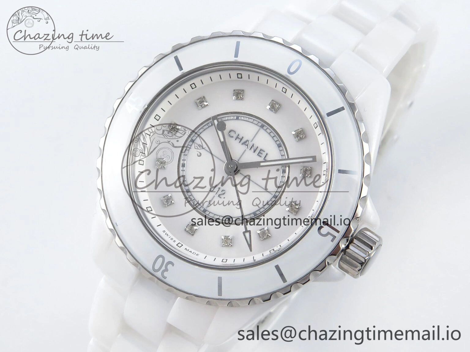 J13 33mm White Ceramic HTF 1:1 Best Edition White Diamonds Dial on Bracelet Swiss Quartz