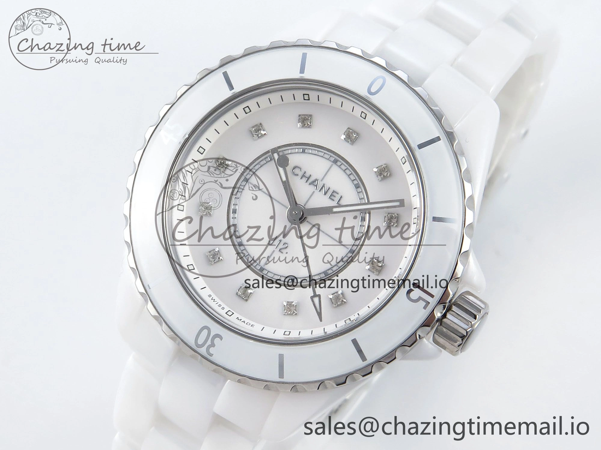 J13 33mm White Ceramic HTF 1:1 Best Edition White Diamonds Dial on Bracelet Swiss Quartz