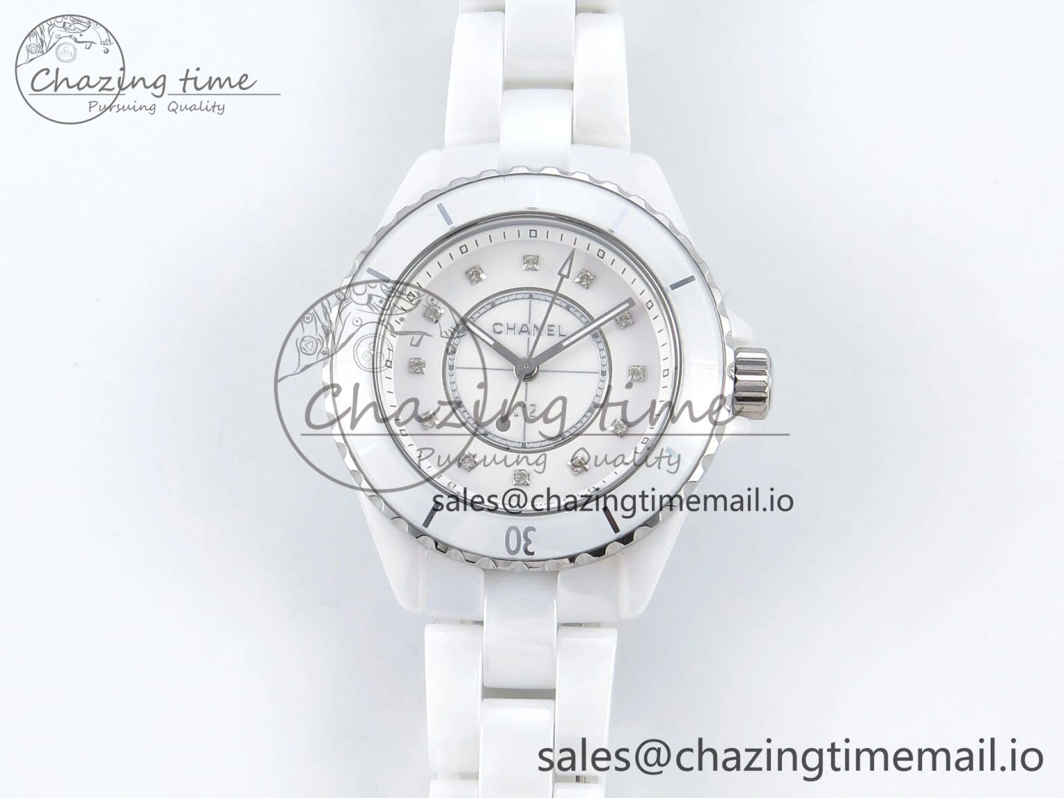 J13 33mm White Ceramic HTF 1:1 Best Edition White Diamonds Dial on Bracelet Swiss Quartz