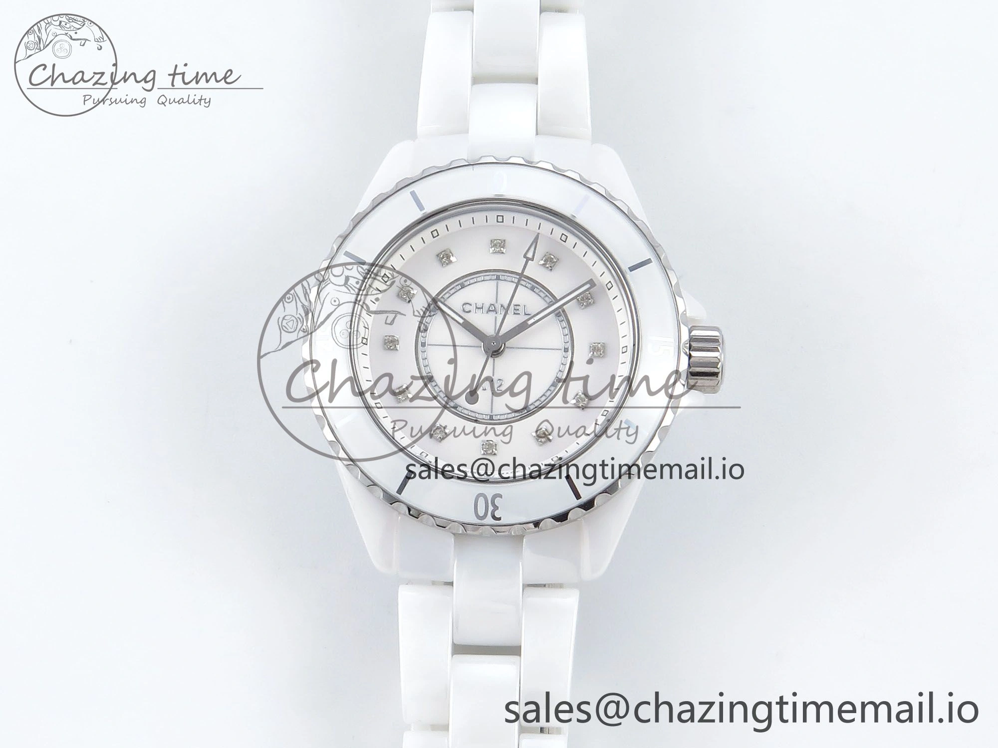 J13 33mm White Ceramic HTF 1:1 Best Edition White Diamonds Dial on Bracelet Swiss Quartz