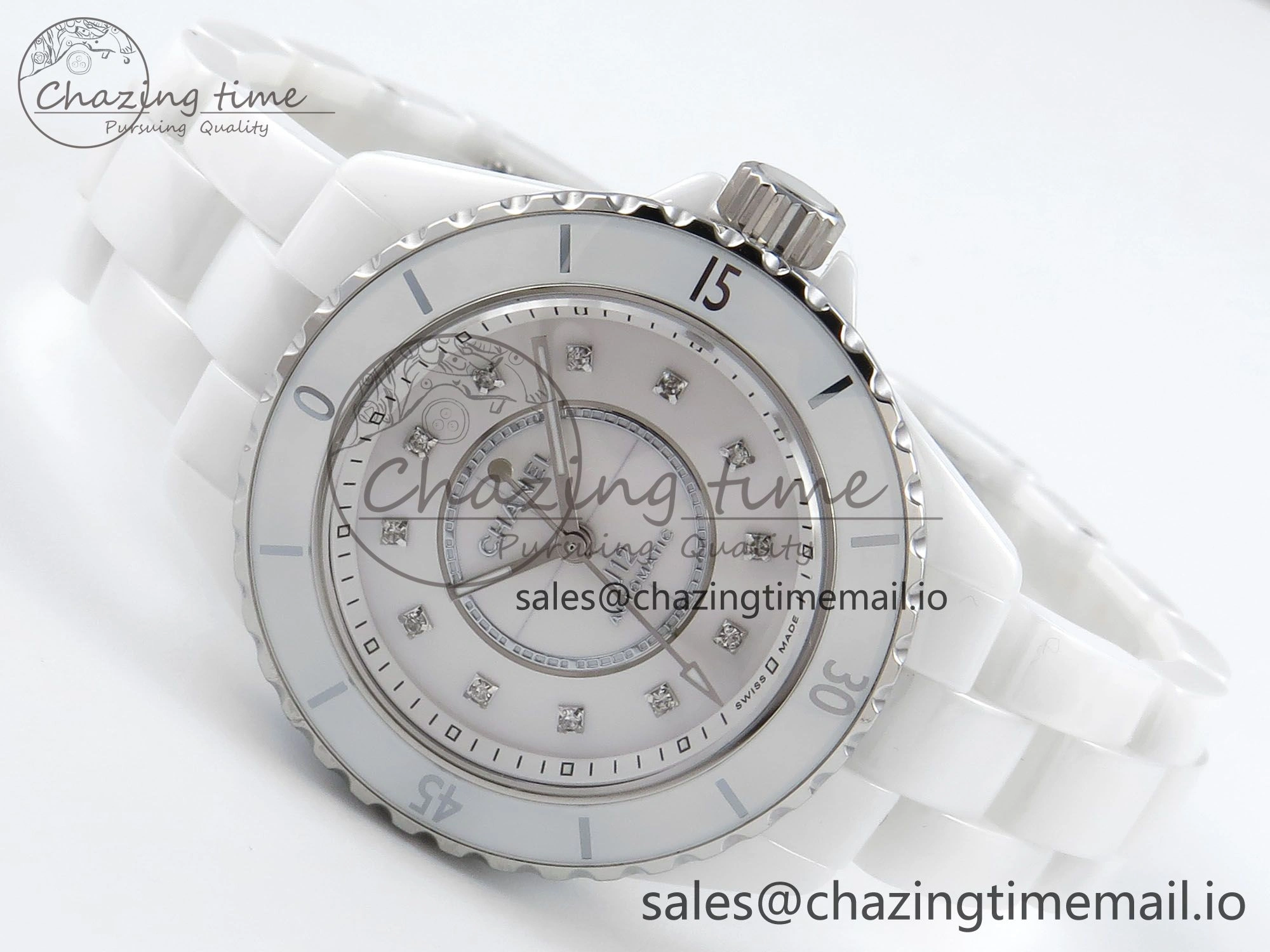 J13 33mm White Ceramic HTF 1:1 Best Edition White MOP Dial Diamonds Markers on Bracelet A12.1