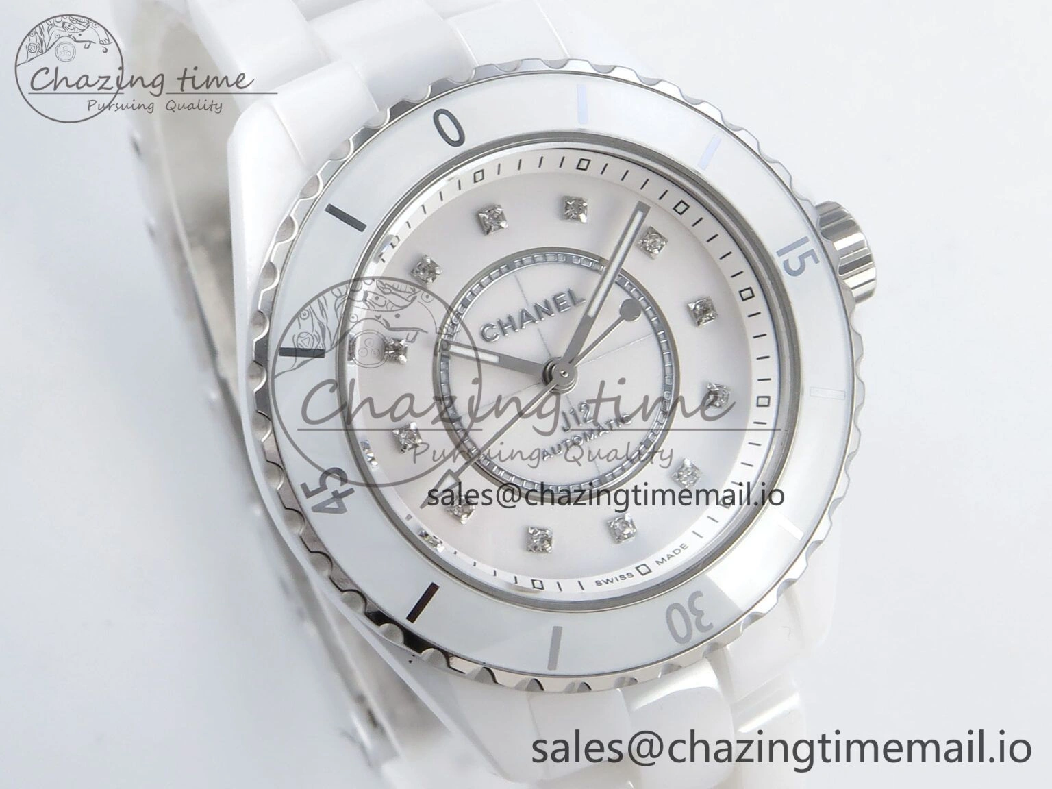 J13 33mm White Ceramic HTF 1:1 Best Edition White MOP Dial Diamonds Markers on Bracelet A12.1