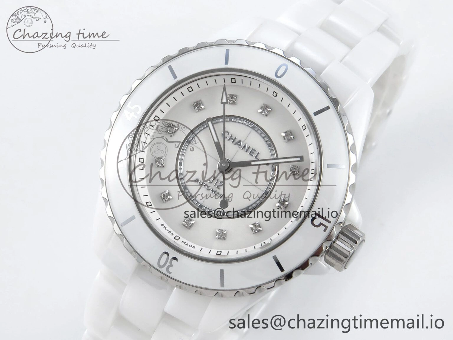 J13 33mm White Ceramic HTF 1:1 Best Edition White MOP Dial Diamonds Markers on Bracelet A12.1