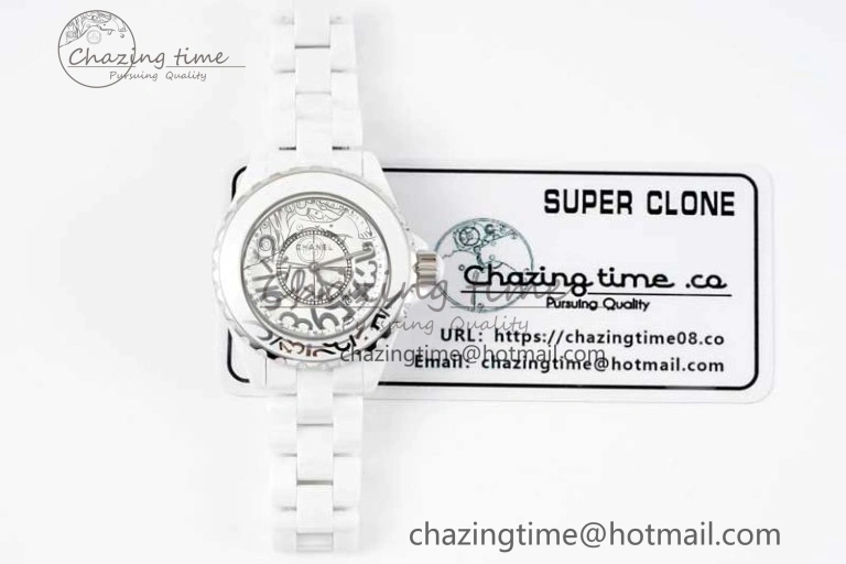 J13 33mm White Ceramic HTF 1:1 Best Edition White Numbers Dial on Bracelet Swiss Quartz