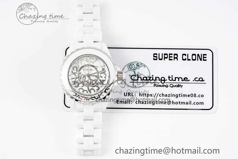 J13 33mm White Ceramic HTF 1:1 Best Edition White Numbers Dial on Bracelet Swiss Quartz