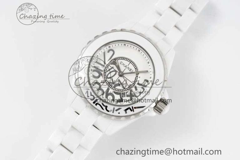 J13 33mm White Ceramic HTF 1:1 Best Edition White Numbers Dial on Bracelet Swiss Quartz