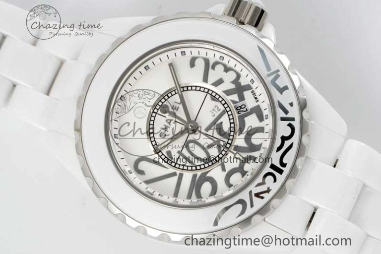 J13 33mm White Ceramic HTF 1:1 Best Edition White Numbers Dial on Bracelet Swiss Quartz