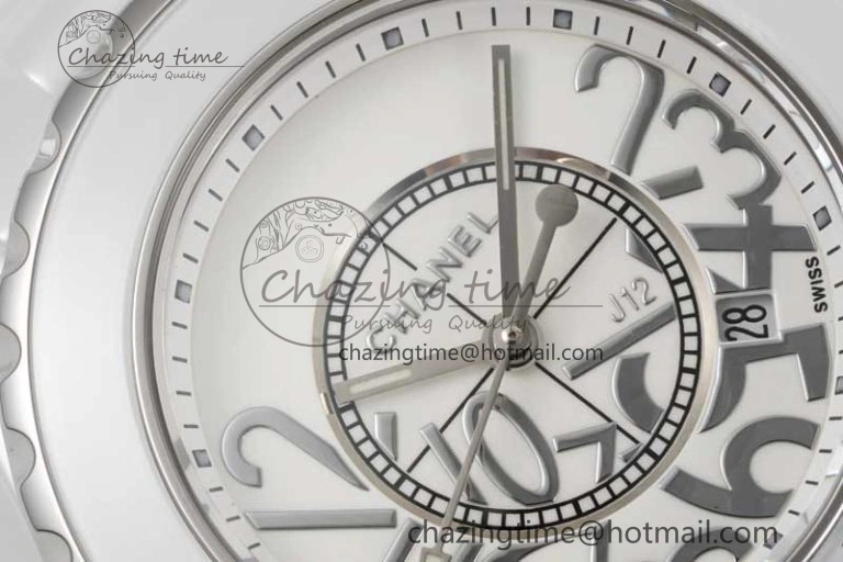 J13 33mm White Ceramic HTF 1:1 Best Edition White Numbers Dial on Bracelet Swiss Quartz