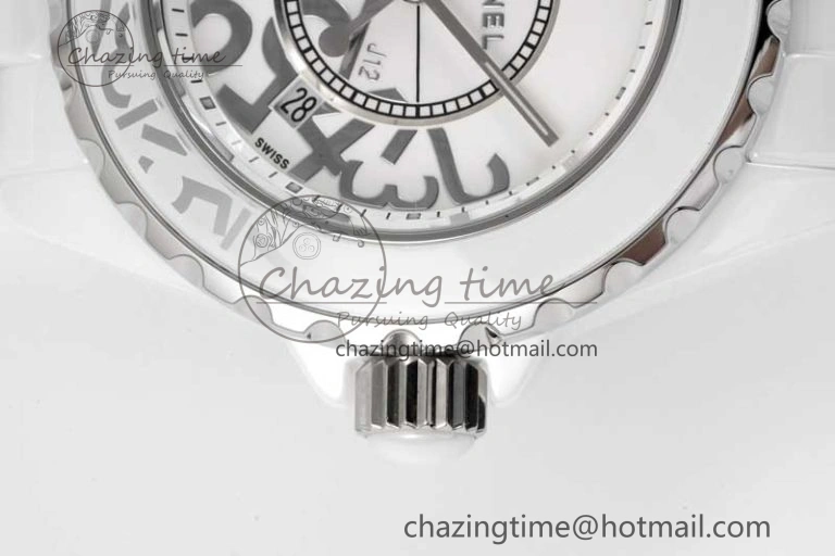 J13 33mm White Ceramic HTF 1:1 Best Edition White Numbers Dial on Bracelet Swiss Quartz