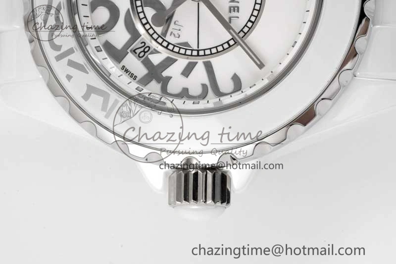 J13 33mm White Ceramic HTF 1:1 Best Edition White Numbers Dial on Bracelet Swiss Quartz