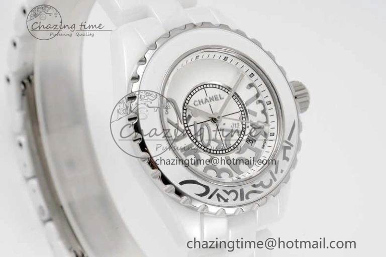 J13 33mm White Ceramic HTF 1:1 Best Edition White Numbers Dial on Bracelet Swiss Quartz