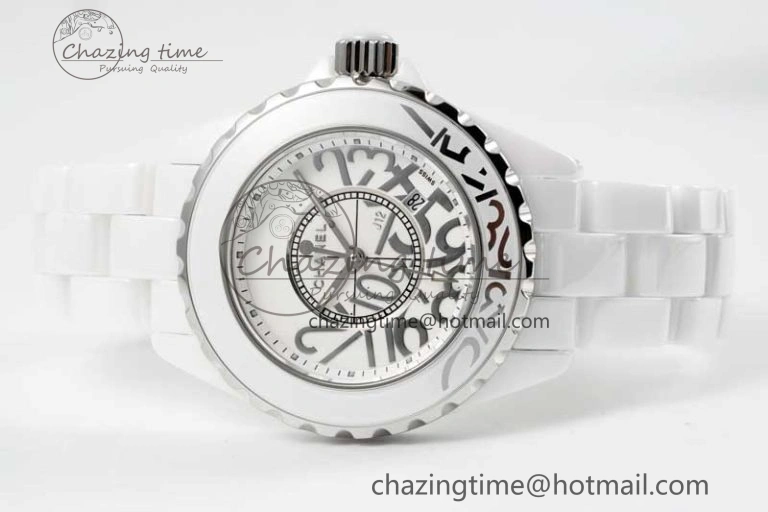 J13 33mm White Ceramic HTF 1:1 Best Edition White Numbers Dial on Bracelet Swiss Quartz