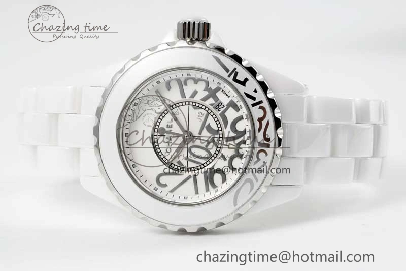 J13 33mm White Ceramic HTF 1:1 Best Edition White Numbers Dial on Bracelet Swiss Quartz