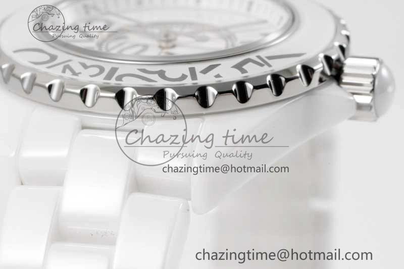 J13 33mm White Ceramic HTF 1:1 Best Edition White Numbers Dial on Bracelet Swiss Quartz