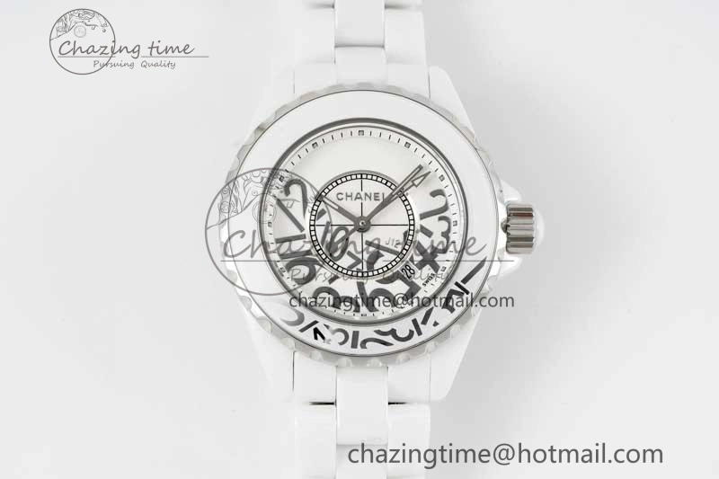 J13 33mm White Ceramic HTF 1:1 Best Edition White Numbers Dial on Bracelet Swiss Quartz