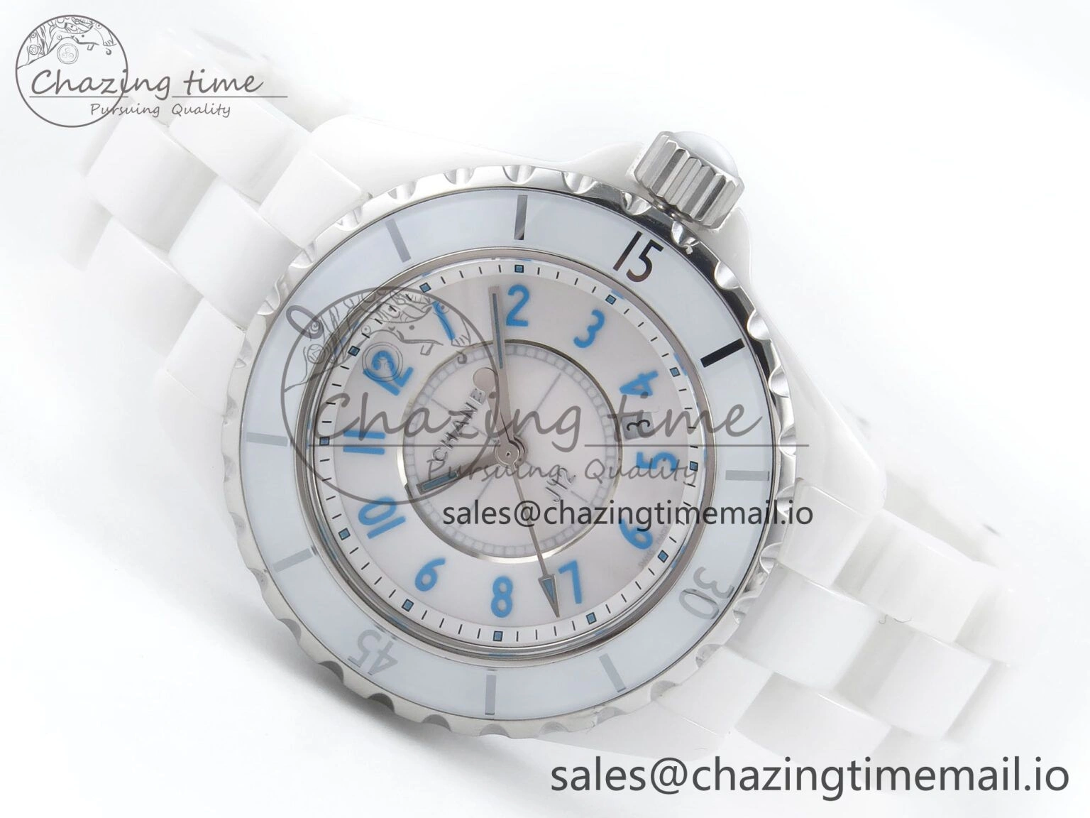 J13 33mm White Ceramic HTF 1:1 Best Edition White Blue Dial on Bracelet Swiss Quartz
