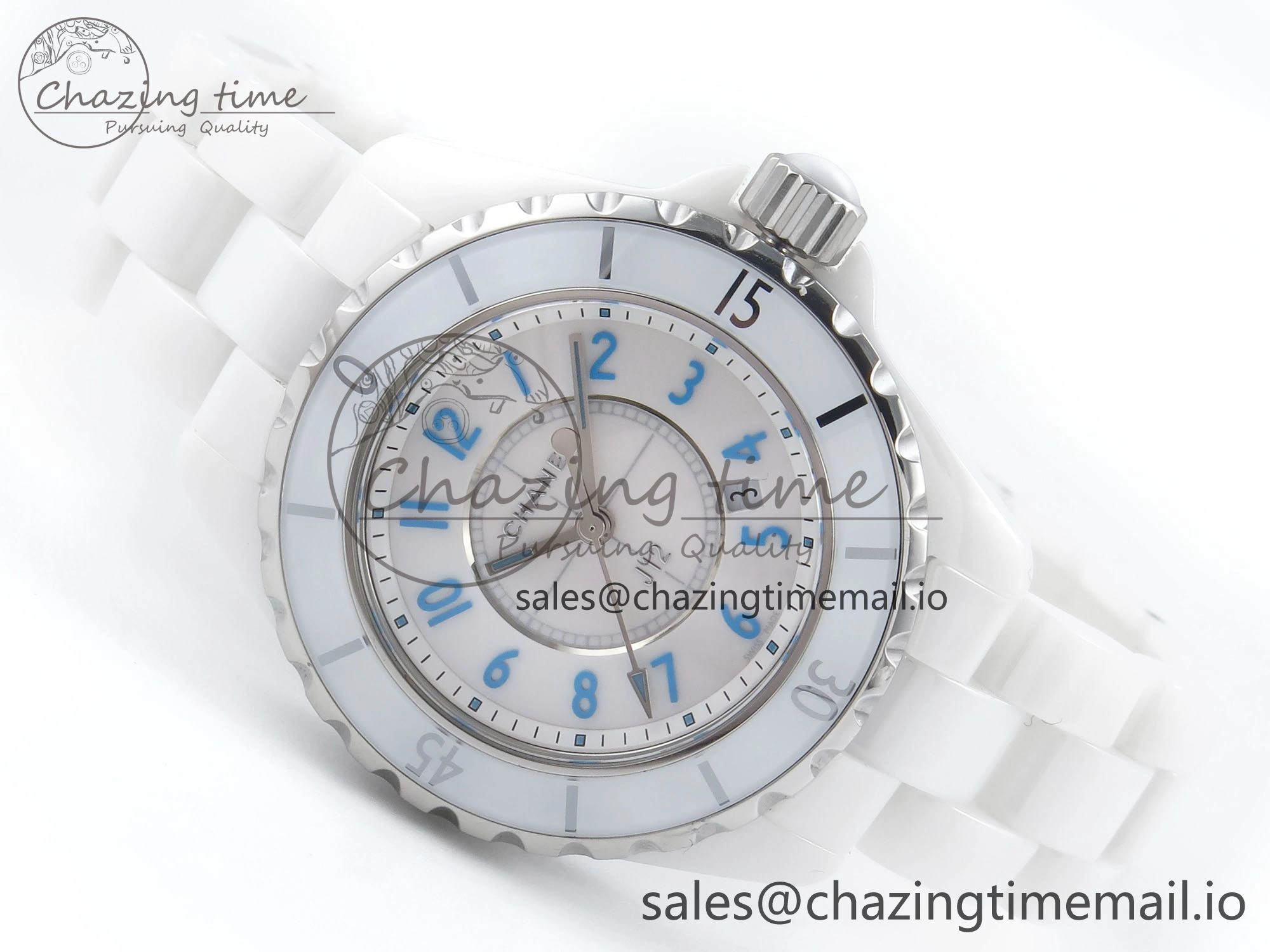 J13 33mm White Ceramic HTF 1:1 Best Edition White Blue Dial on Bracelet Swiss Quartz