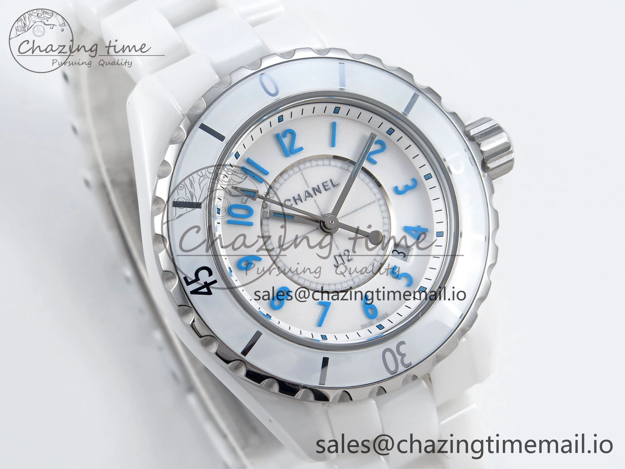 J13 33mm White Ceramic HTF 1:1 Best Edition White Blue Dial on Bracelet Swiss Quartz