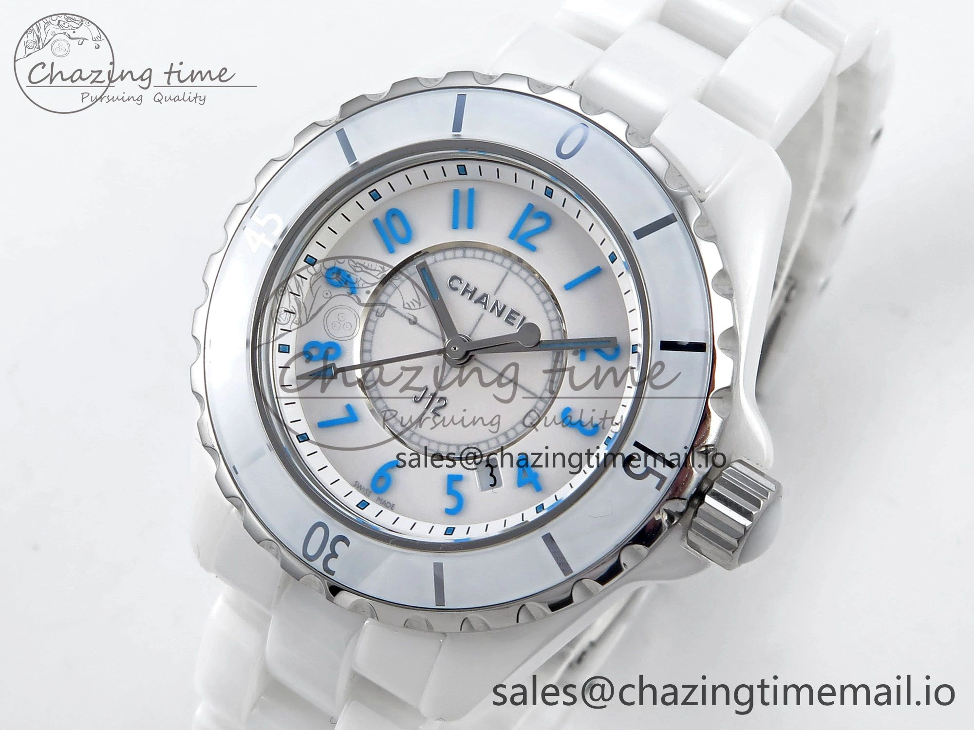 J13 33mm White Ceramic HTF 1:1 Best Edition White Blue Dial on Bracelet Swiss Quartz