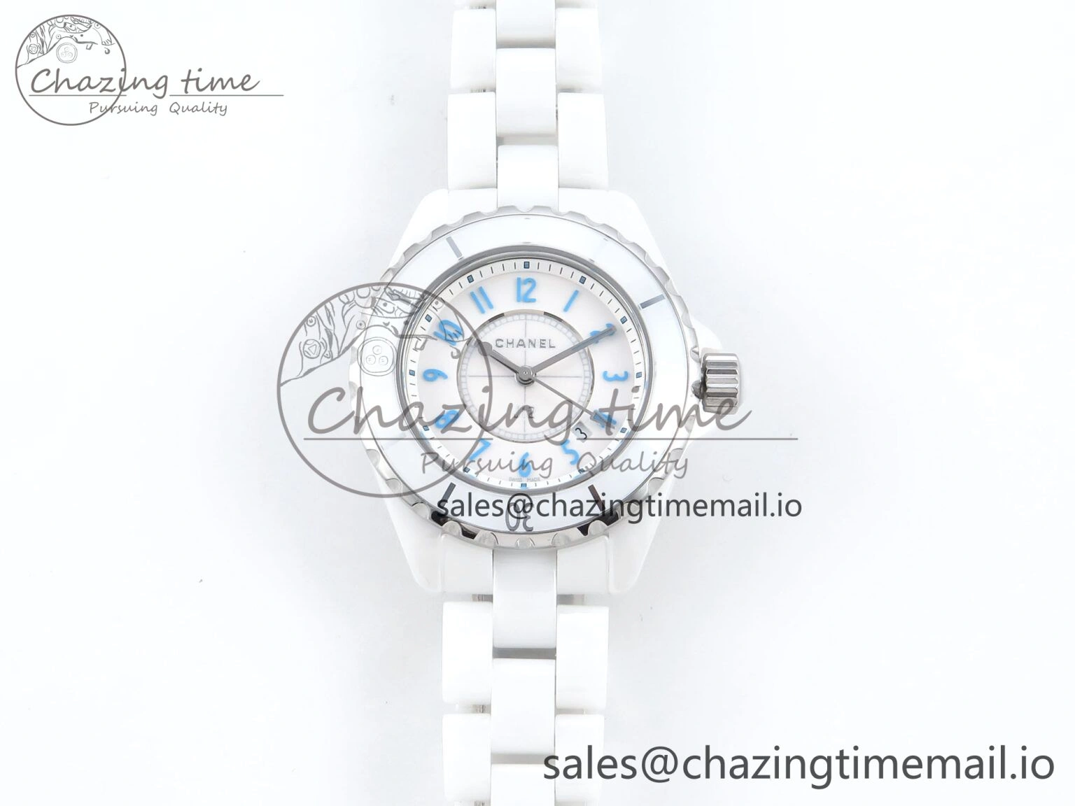 J13 33mm White Ceramic HTF 1:1 Best Edition White Blue Dial on Bracelet Swiss Quartz