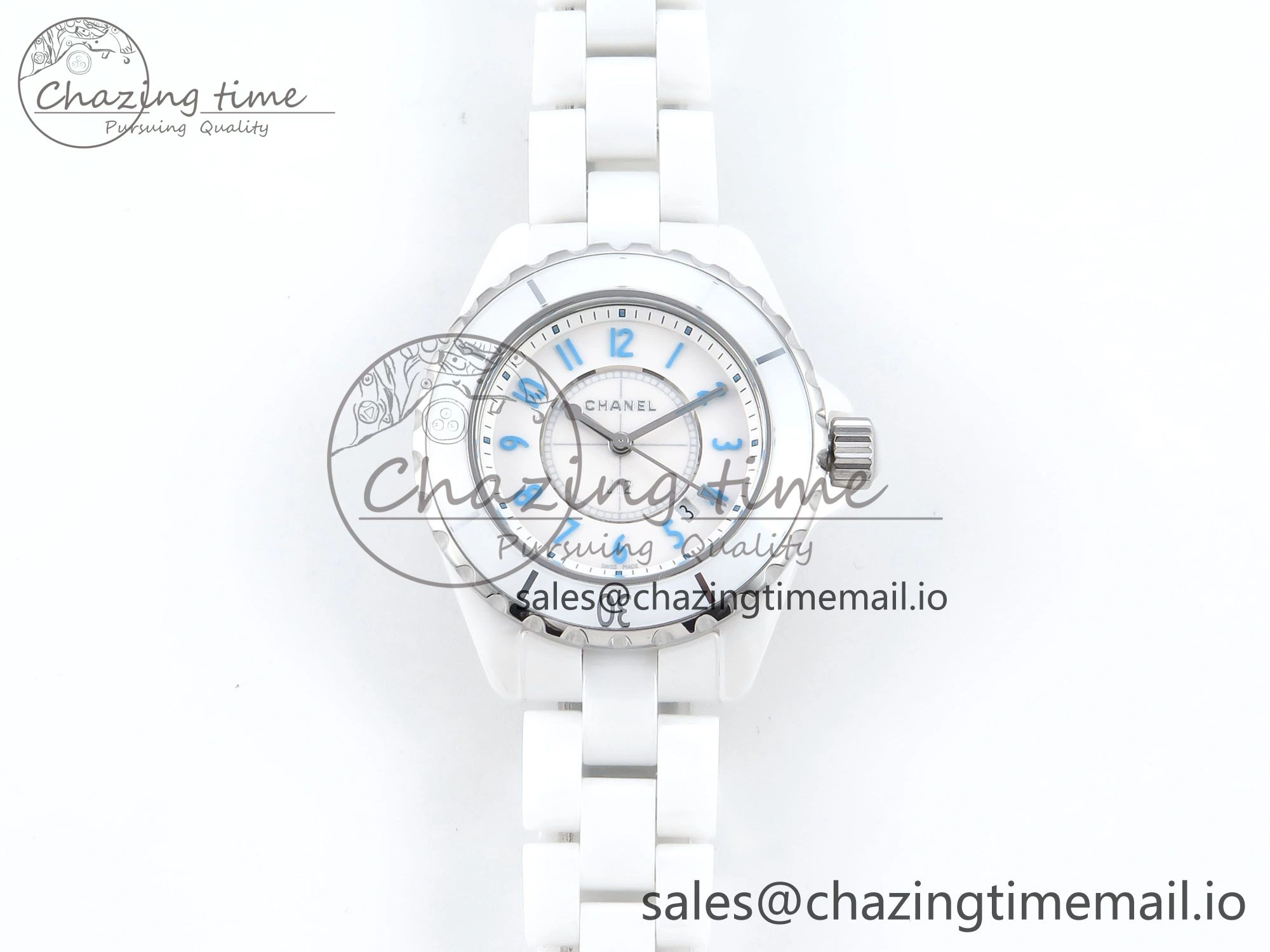 J13 33mm White Ceramic HTF 1:1 Best Edition White Blue Dial on Bracelet Swiss Quartz