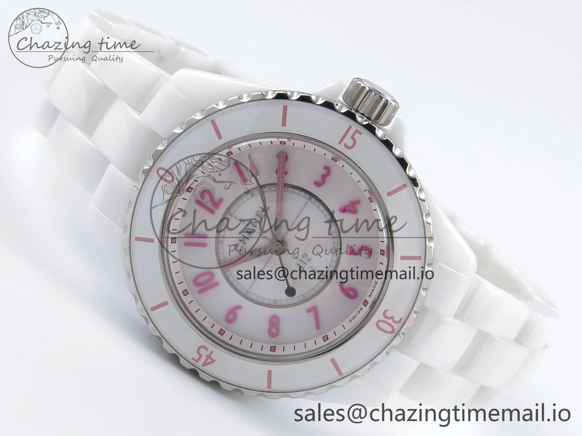 J13 33mm White Ceramic HTF 1:1 Best Edition White Pink Dial on Bracelet Swiss Quartz