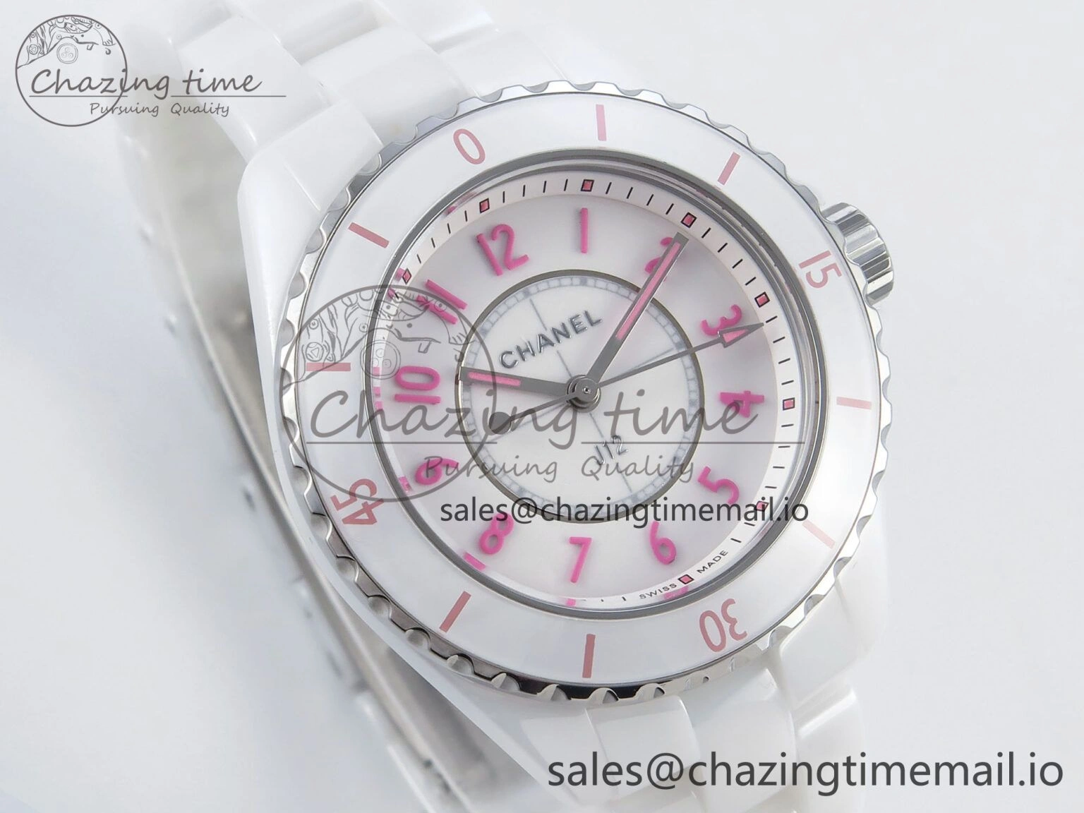 J13 33mm White Ceramic HTF 1:1 Best Edition White Pink Dial on Bracelet Swiss Quartz