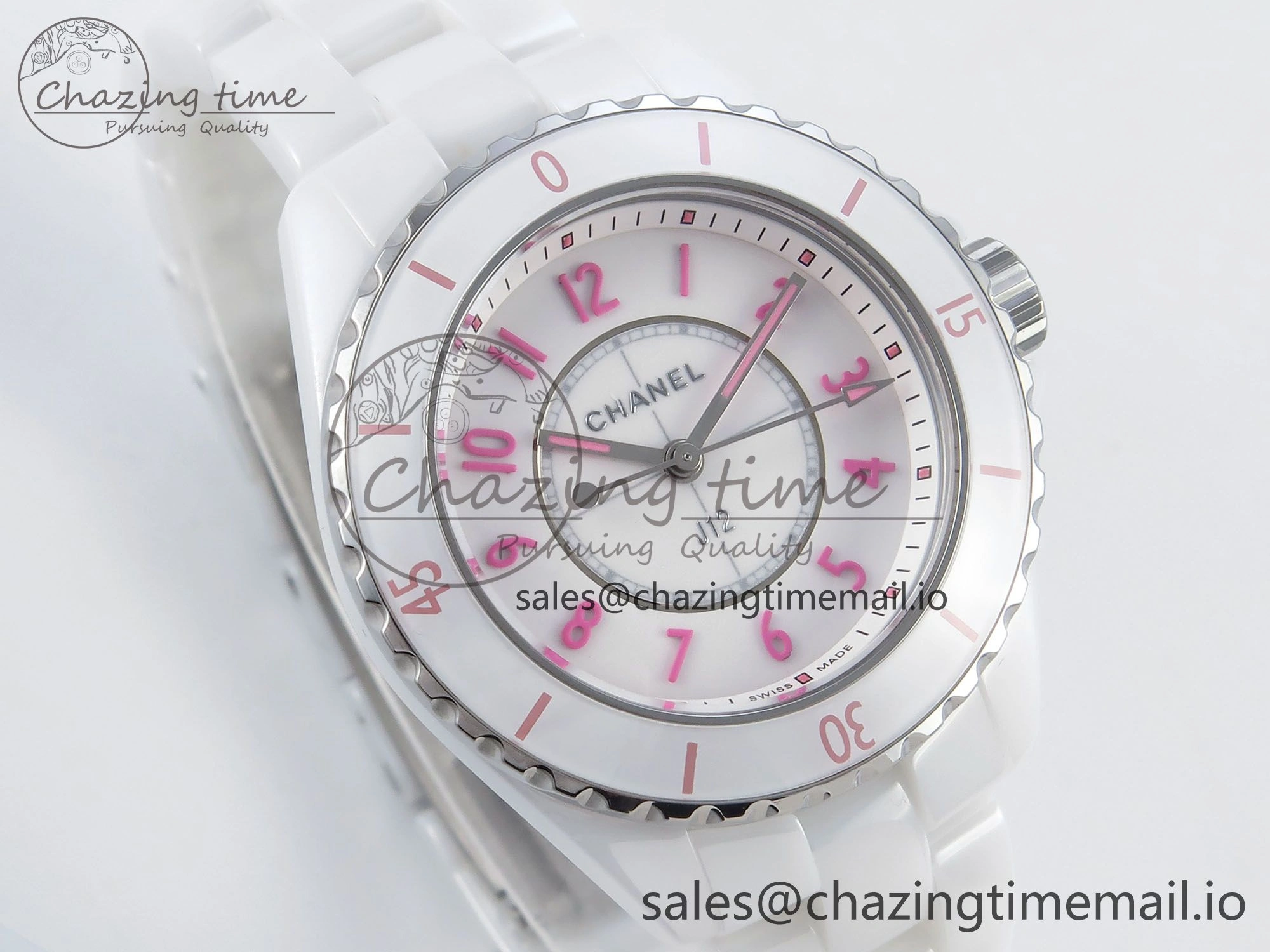 J13 33mm White Ceramic HTF 1:1 Best Edition White Pink Dial on Bracelet Swiss Quartz