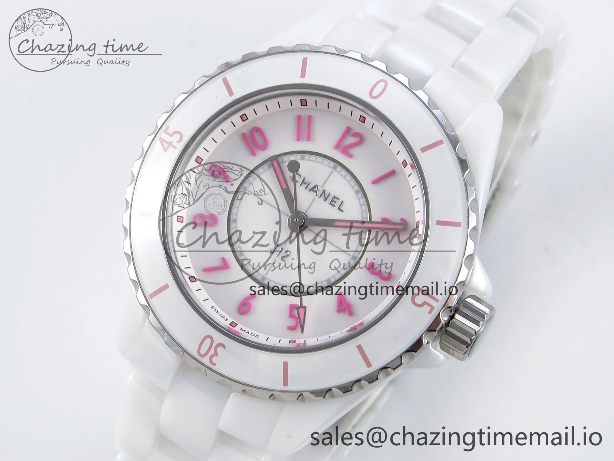 J13 33mm White Ceramic HTF 1:1 Best Edition White Pink Dial on Bracelet Swiss Quartz