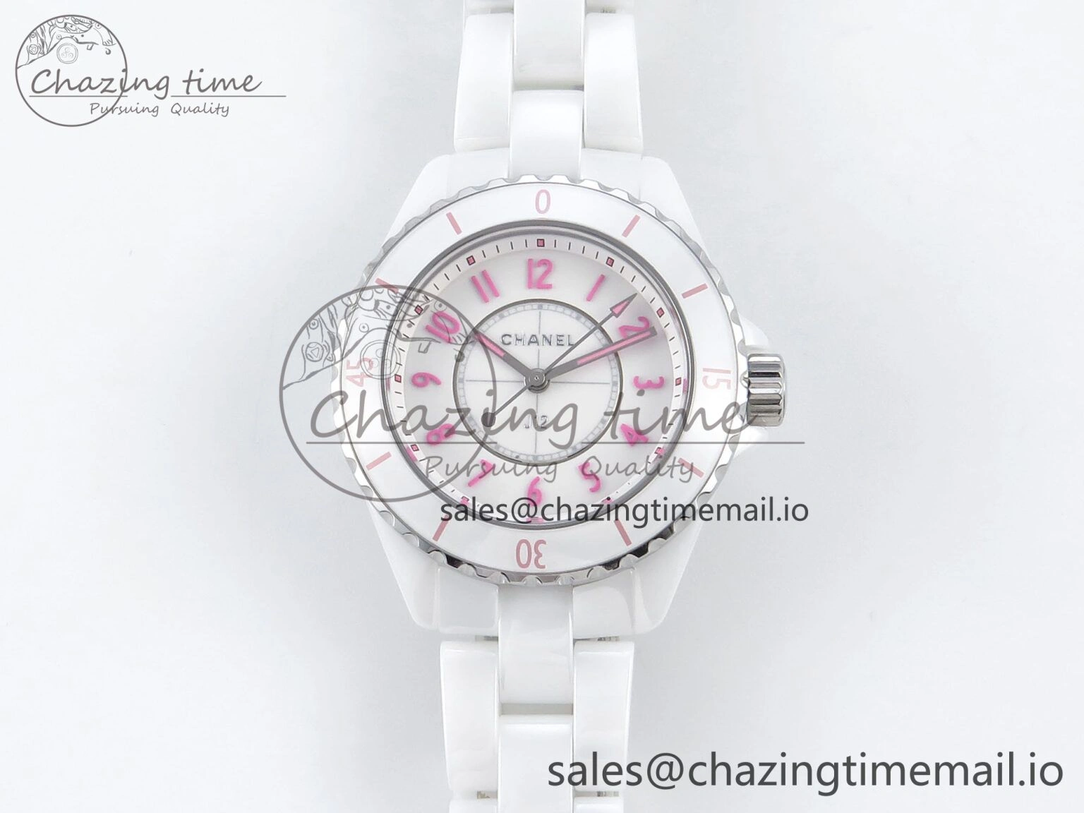 J13 33mm White Ceramic HTF 1:1 Best Edition White Pink Dial on Bracelet Swiss Quartz