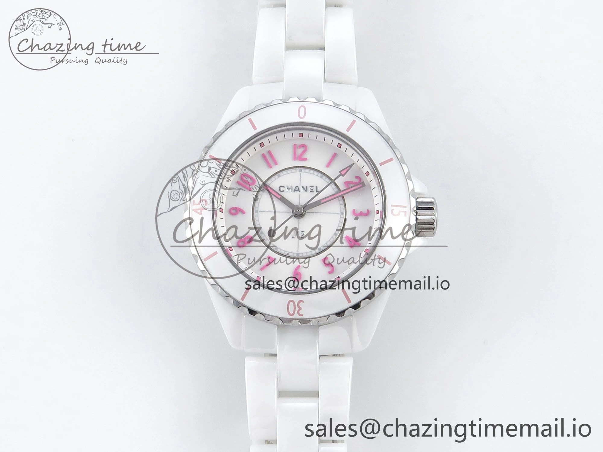 J13 33mm White Ceramic HTF 1:1 Best Edition White Pink Dial on Bracelet Swiss Quartz