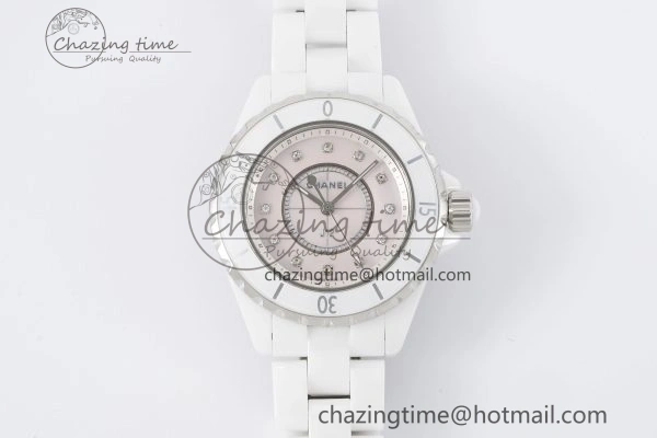 J13 33mm XF 1:1 Best Edition White Korea Ceramic Pink No Date Diamonds Dial on Bracelet Swiss Quartz
