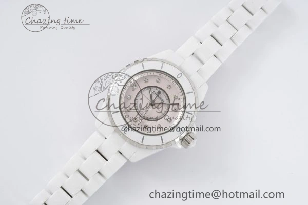 J13 33mm XF 1:1 Best Edition White Korea Ceramic Pink No Date Diamonds Dial on Bracelet Swiss Quartz