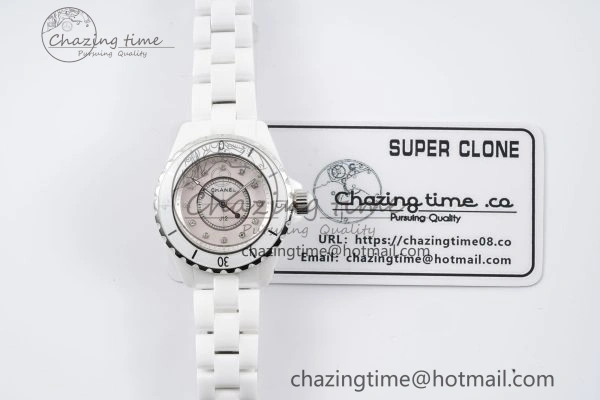 J13 33mm XF 1:1 Best Edition White Korea Ceramic Pink No Date Diamonds Dial on Bracelet Swiss Quartz