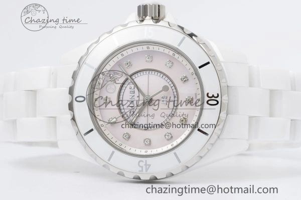 J13 33mm XF 1:1 Best Edition White Korea Ceramic Pink No Date Diamonds Dial on Bracelet Swiss Quartz
